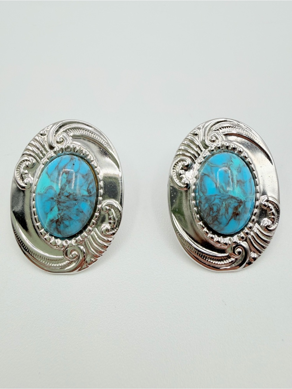 Silver Tone Faux Turquoise Western Oval Stud Earrings
